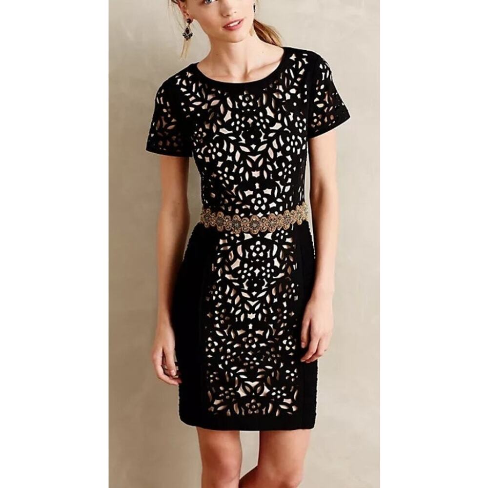Maeve Floral Laser Cut Basalt Sheath Dress XS Black Cocktail Mother of Bride